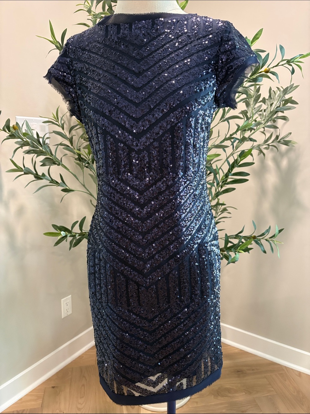 Vince Camuto Navy Sequin Midi Sheath Dress
